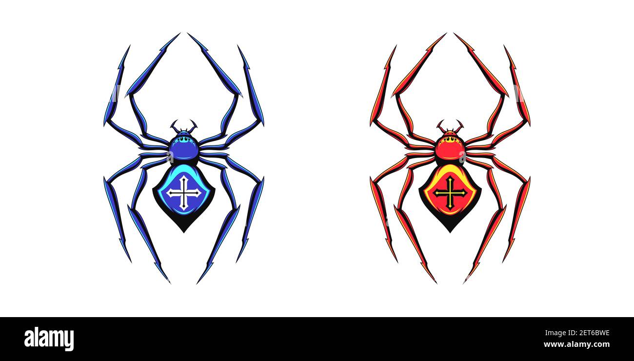 Spider Logo mit Kreuz. Schwarze Spinne Kreuzstück Silhouette mit scharfen Gliedmaßen, giftige Spidiery Dolch Insekt. Satz von Logotypen für Gaming-Design und c Stock Vektor