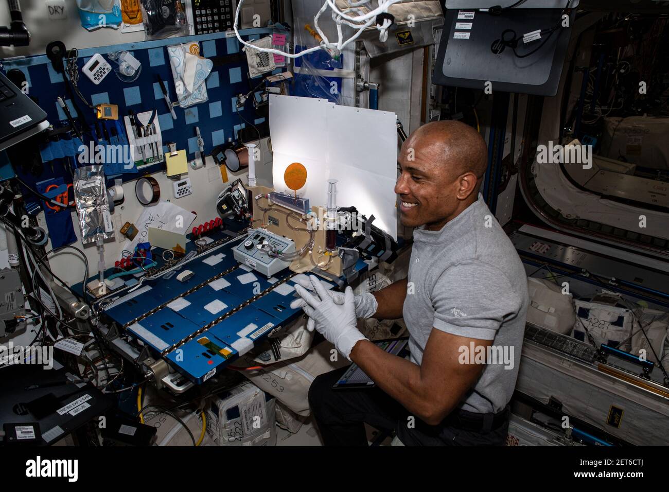 NASA-Astronaut Victor Glover arbeitet mit Hydroponics unter Schwerelosigkeit, an Bord der ISS, 12. Februar 2021, von NASA/DPA Stockfoto