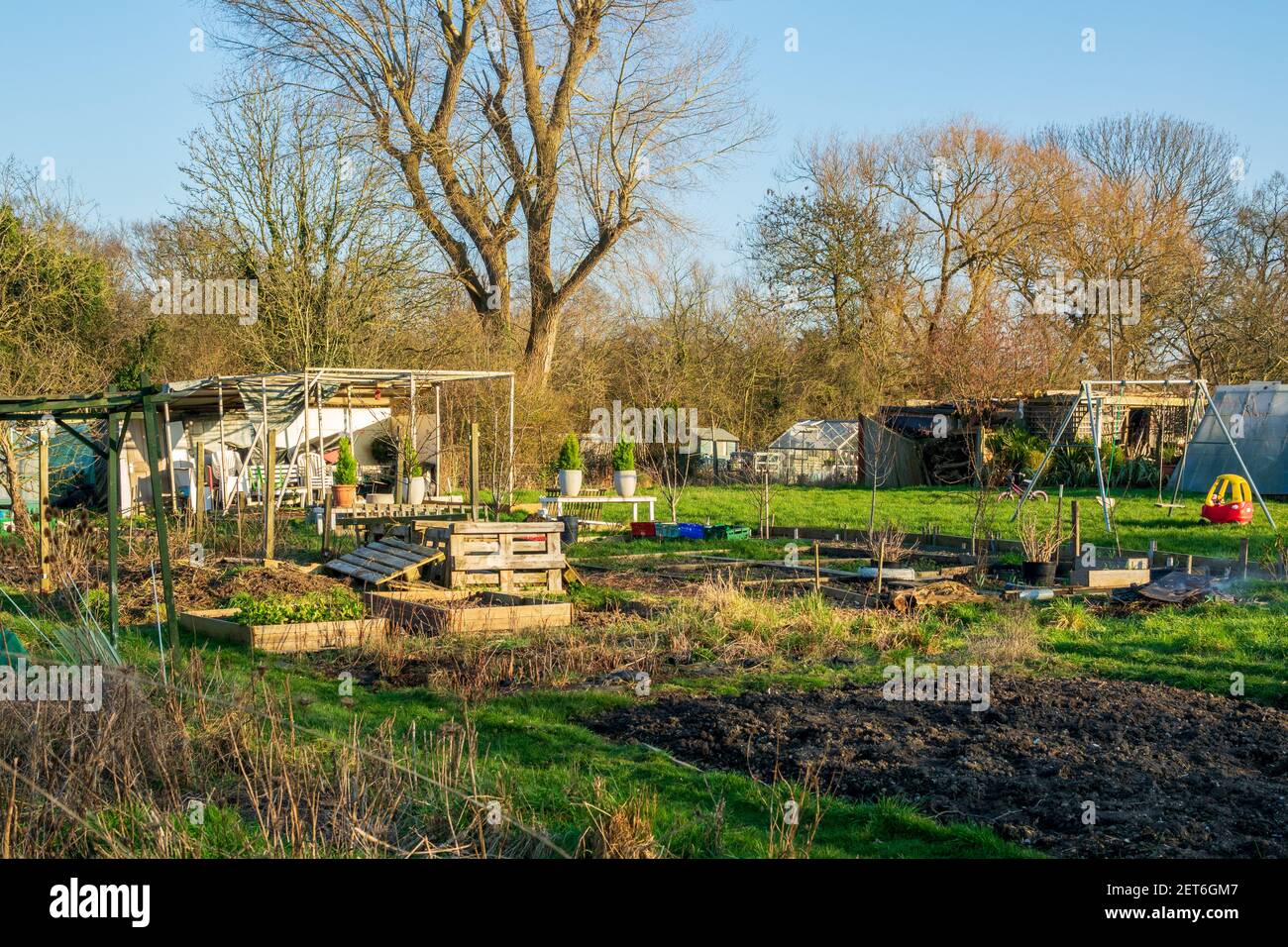 Zuteilung Grundstück als Frühling kommt bei Archfields Zuteilung, Mill Hill, Teil der Barnett Zuteilung Föderation. Stockfoto
