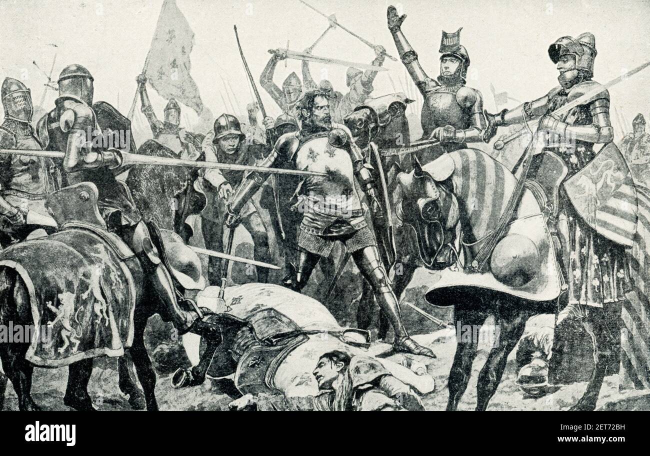 Dieses Bild zeigt die Gefangennahme von König John in der Schlacht von Poitiers durch R Catou Woodville. Die Schlacht von Poitiers wurde am 19. September 1356 zwischen England und Frankreich ausgetragen. Die Engländer gewannen, einen ihrer drei großen Siege im Hundertjährigen Krieg. An der Spitze der Truppen für Frankreich war König John und, für England, Edward der Schwarze Prinz. Die Umstände führten dazu, dass die Truppen von König John gestrandet waren und Edward in der Lage war, ihn einzukreisen und sowohl den König, wie hier gezeigt, als auch seine Männer zu erobern. Richard Caton Woodville Jr. (gest. 1927) war ein englischer Künstler und Illustrator, der am besten dafür bekannt ist, einer zu sein Stockfoto