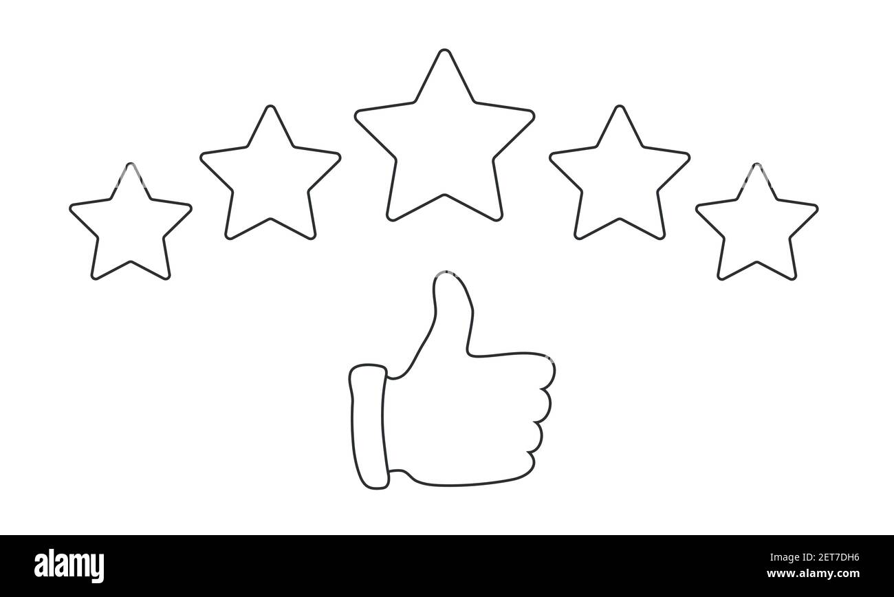 Daumen nach oben zeigt auf positives 5-Sterne-Feedback. Bewertung, Bewertung, Erfolg, Feedback, Qualität Stock Vektor