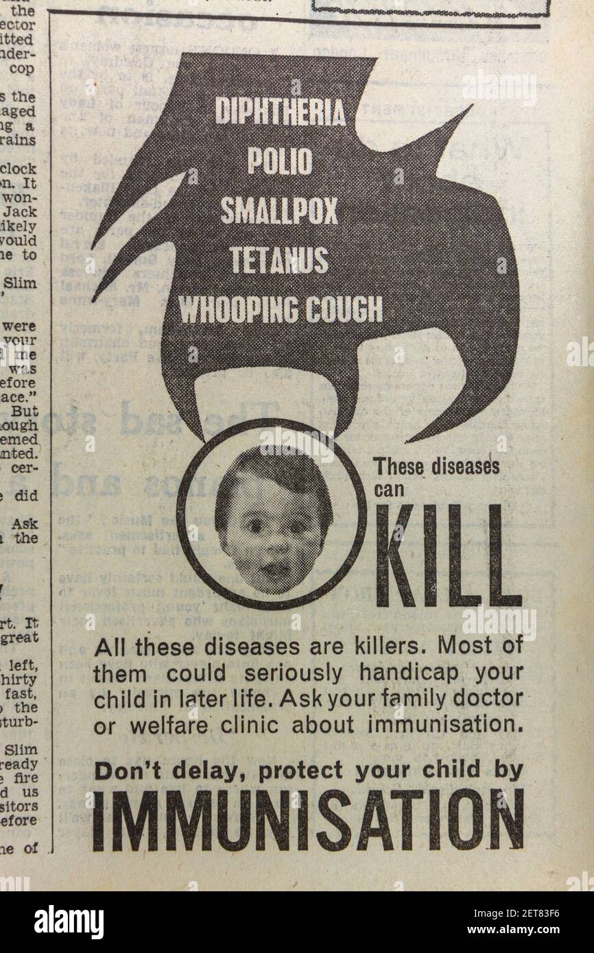 Werbung, die Leser dazu ermutigt, ihre Kinder zu impfen, The Evening News (Mo 27th. April 1964), London, Großbritannien. Stockfoto