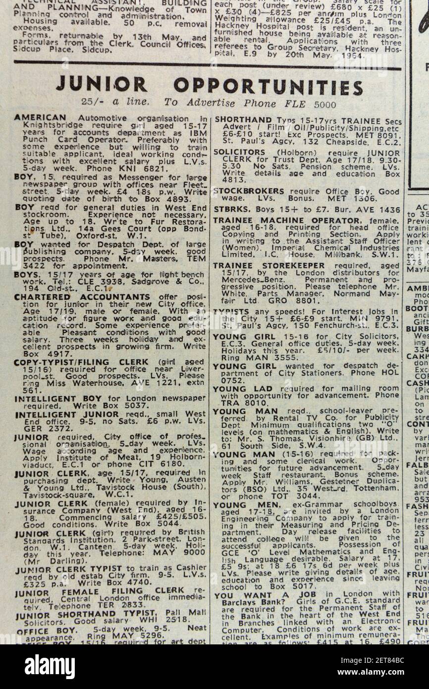 Junior Job Opportunities in the Evening News Zeitung (Montag, 27th. April 1964), London, UK. Stockfoto