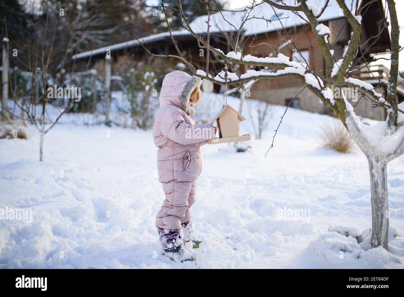 Kleines Mädchen im Freien im Wintergarten, stehend von hölzernen Vogelfutterhäuschen. Stockfoto