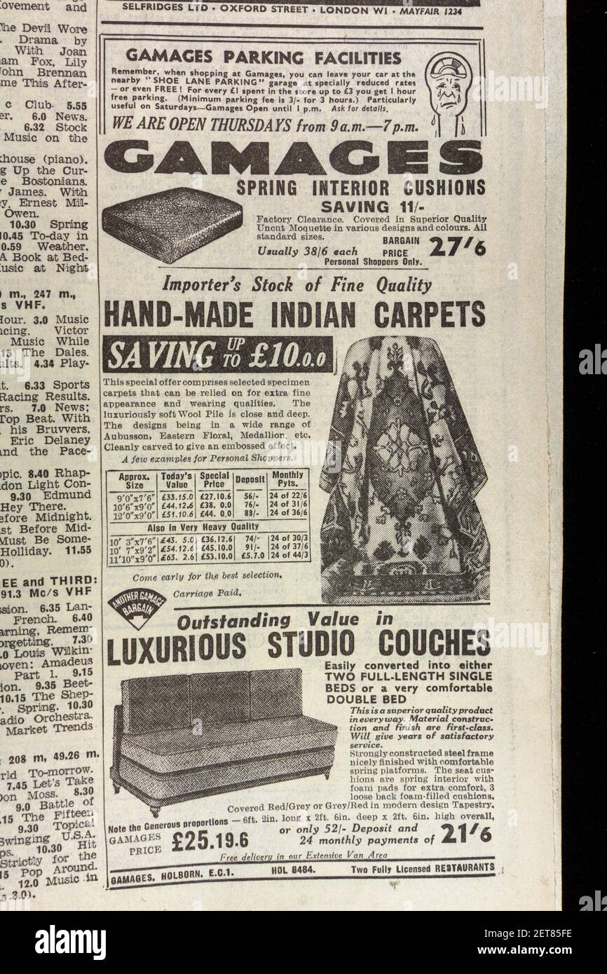 Werbung für die Inneneinrichtung von Gamages in der Zeitung Evening News (Montag, 27th. April 1964), London, Großbritannien. Stockfoto
