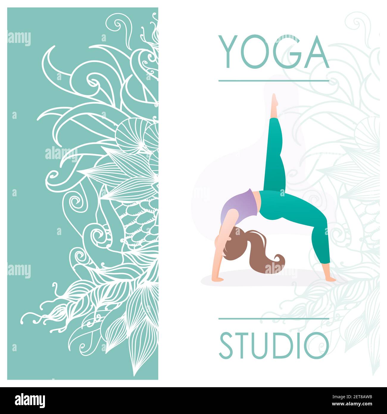 Karte für Frau Yoga-Studio mit Blumenschmuck und Mädchen Tun Yoga Pose, Fitness-Banner oder Broschüre Vorlage, trendy Stil Vektor Illustration Stock Vektor
