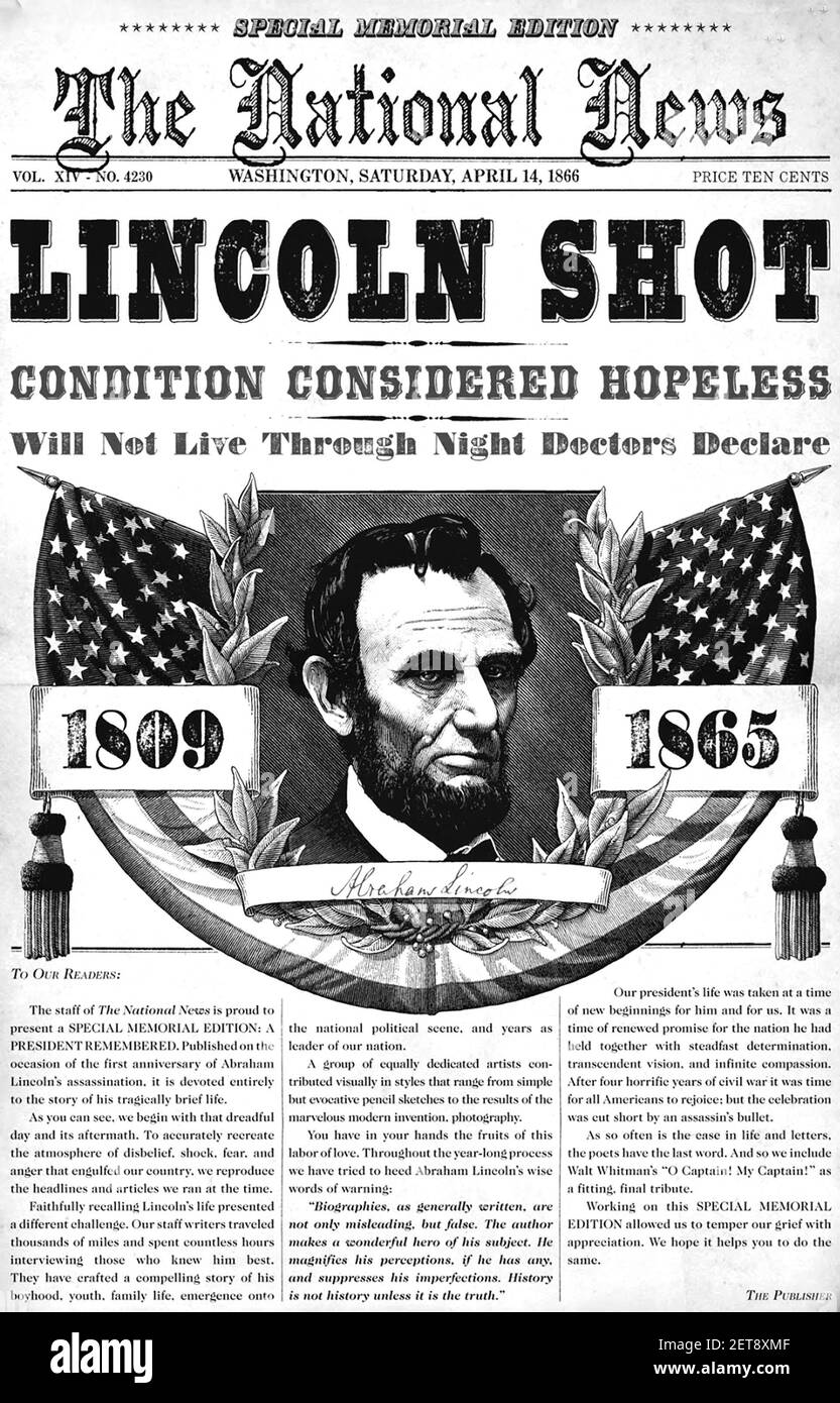 ABRAHAM LINCOLN (1809-1865) wurde 16th als Präsident der Vereinigten Staaten von Amerika in den zeitgenössischen amerikanischen Medien ermordet. Stockfoto