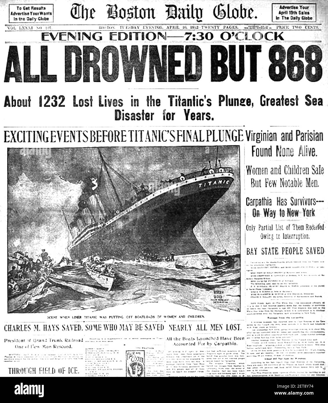 RMS TITANIC sinkt am 15 Aril 1912, wie in einer amerikanischen Zeitung berichtet. Stockfoto