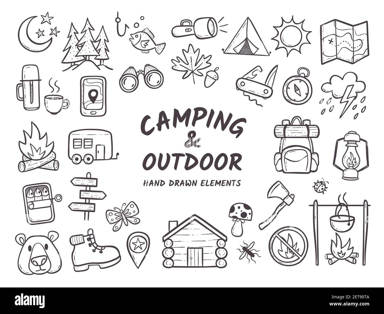 Handgezeichnete Camping- und Wanderelemente, isoliert auf weißem Hintergrund. Niedlichen Hintergrund voller Symbole perfekt für Sommercamp Flyer und Plakate. Outlin Stock Vektor