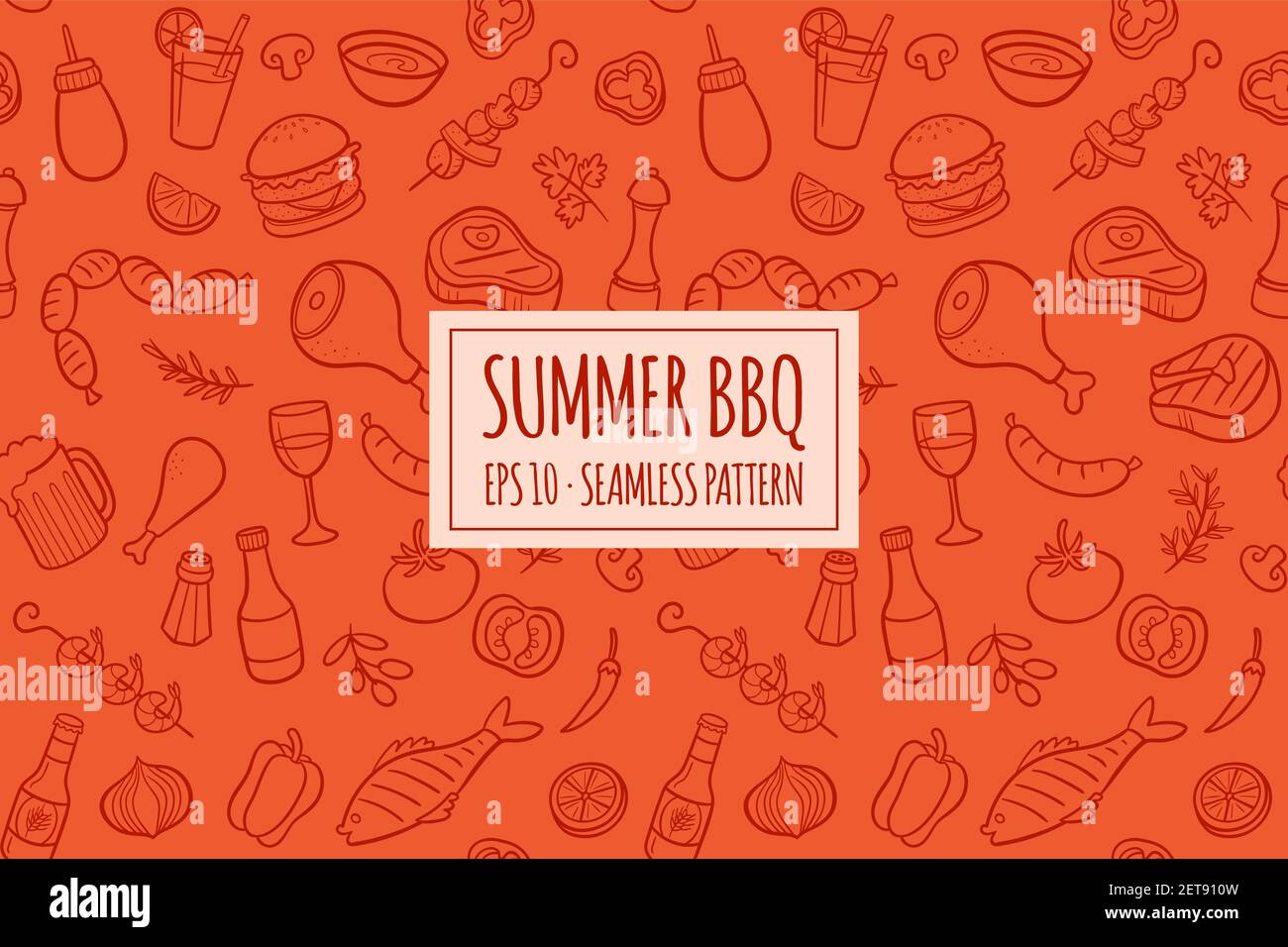 Nahtloses Muster mit handgezeichneten Doodle BBQ-Symbole gesetzt. Vektor-Illustration mit Sommer Grill Elemente Kollektion. Cartoon Mahlzeiten, Fisch, Getränke und ich Stock Vektor