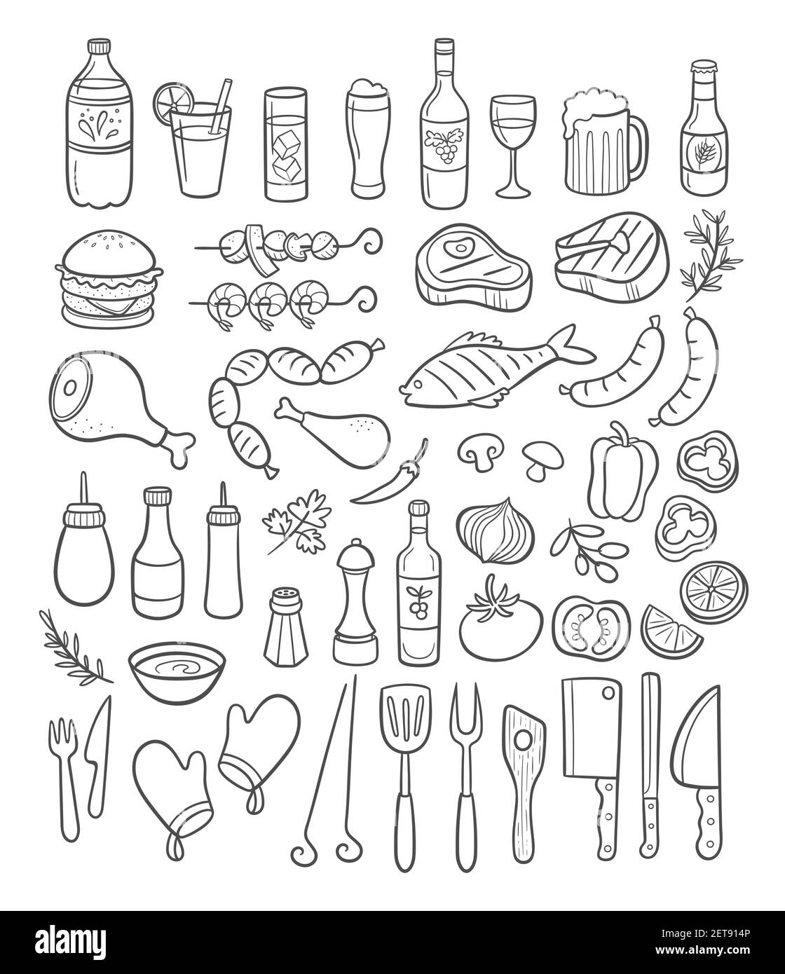 Sammlung von handgezeichneten BBQ Party Elemente. Getränke, Fleisch, gegrillter Fisch, Gemüse, Würstchen, Condiments und Zubehör. Vektorgrafik. Stock Vektor