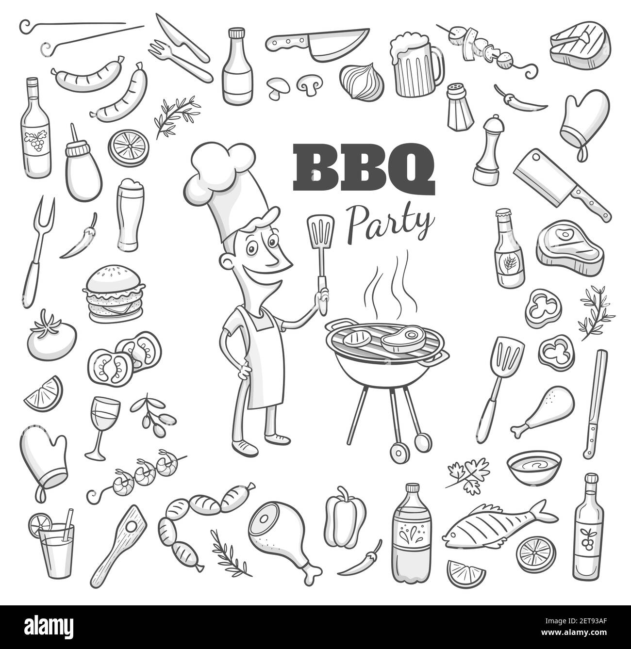 Sammlung von handgezeichneten BBQ-Party-Elemente und ein Cartoony Koch Kochen in einem Grill. Vektorgrafik. Stock Vektor