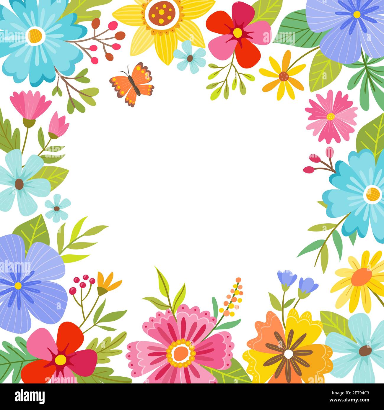 Schöner Frühlingshintergrund voller Blumen um einen leeren Raum. Perfekt für Grußkarten und Einladungsdesigns. Vektorgrafik. Stock Vektor