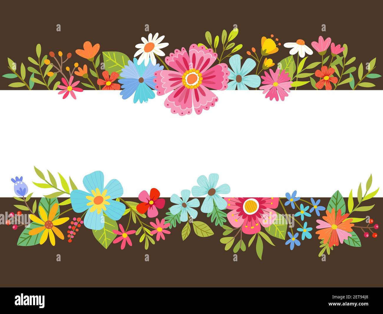 Frühling floralen Hintergrund mit Cartoon Blumen. Bearbeitbares weißes Banner in der Mitte. Vektorgrafik. Stock Vektor