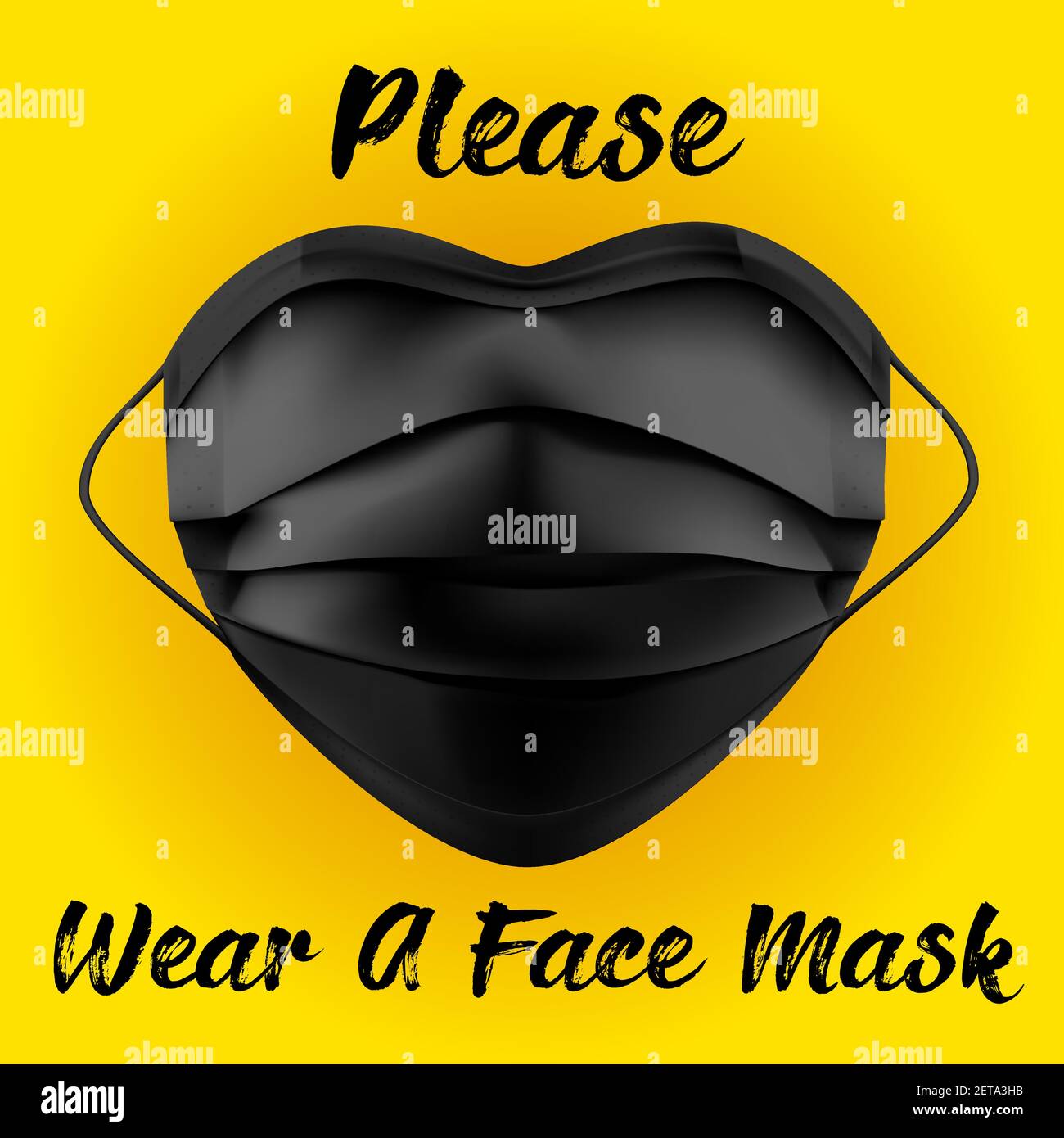Bitte tragen Sie eine Maske Danke Warnschild mit einer Gesichtsmaske Form und Herz-Symbol. Vektorbild. Schwarze Maske auf gelbem Hintergrund Stock Vektor