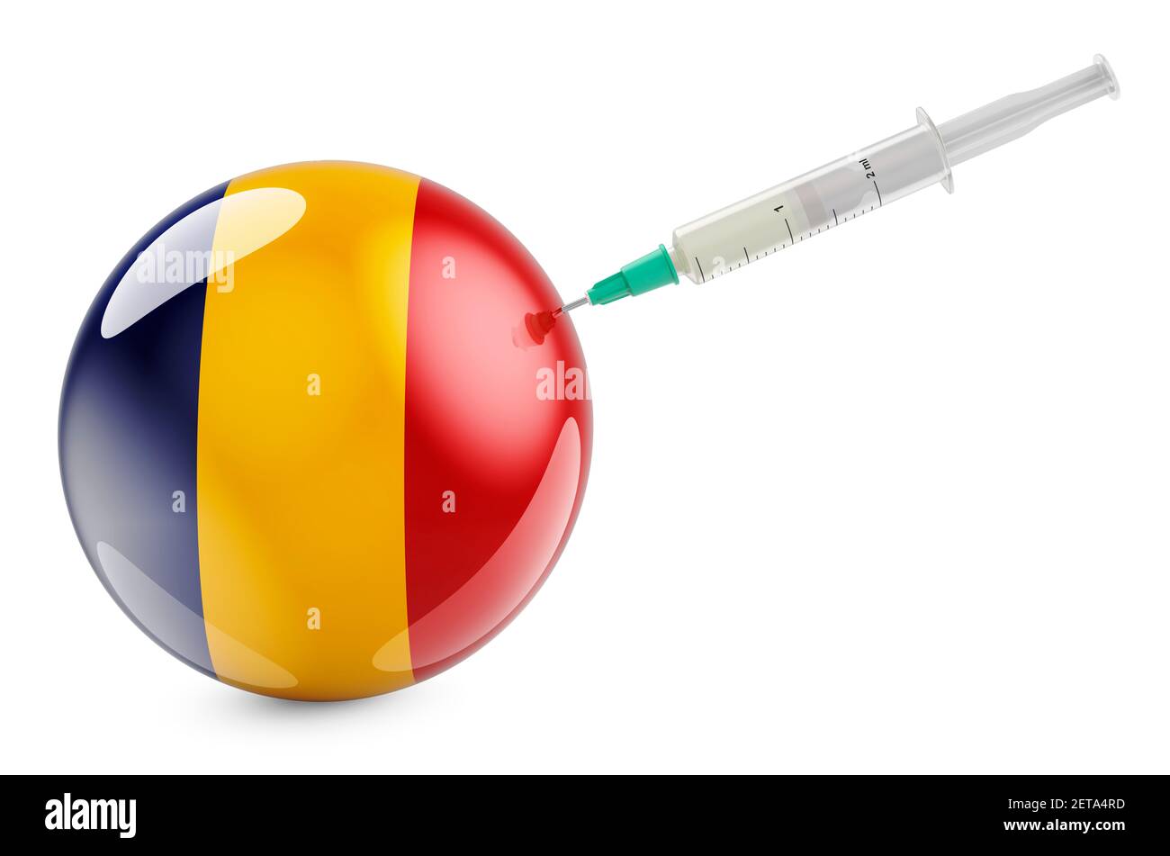 Spritze mit rumänischer Flagge. Impfung in Rumänien Konzept, 3D Rendering isoliert auf weißem Hintergrund Stockfoto