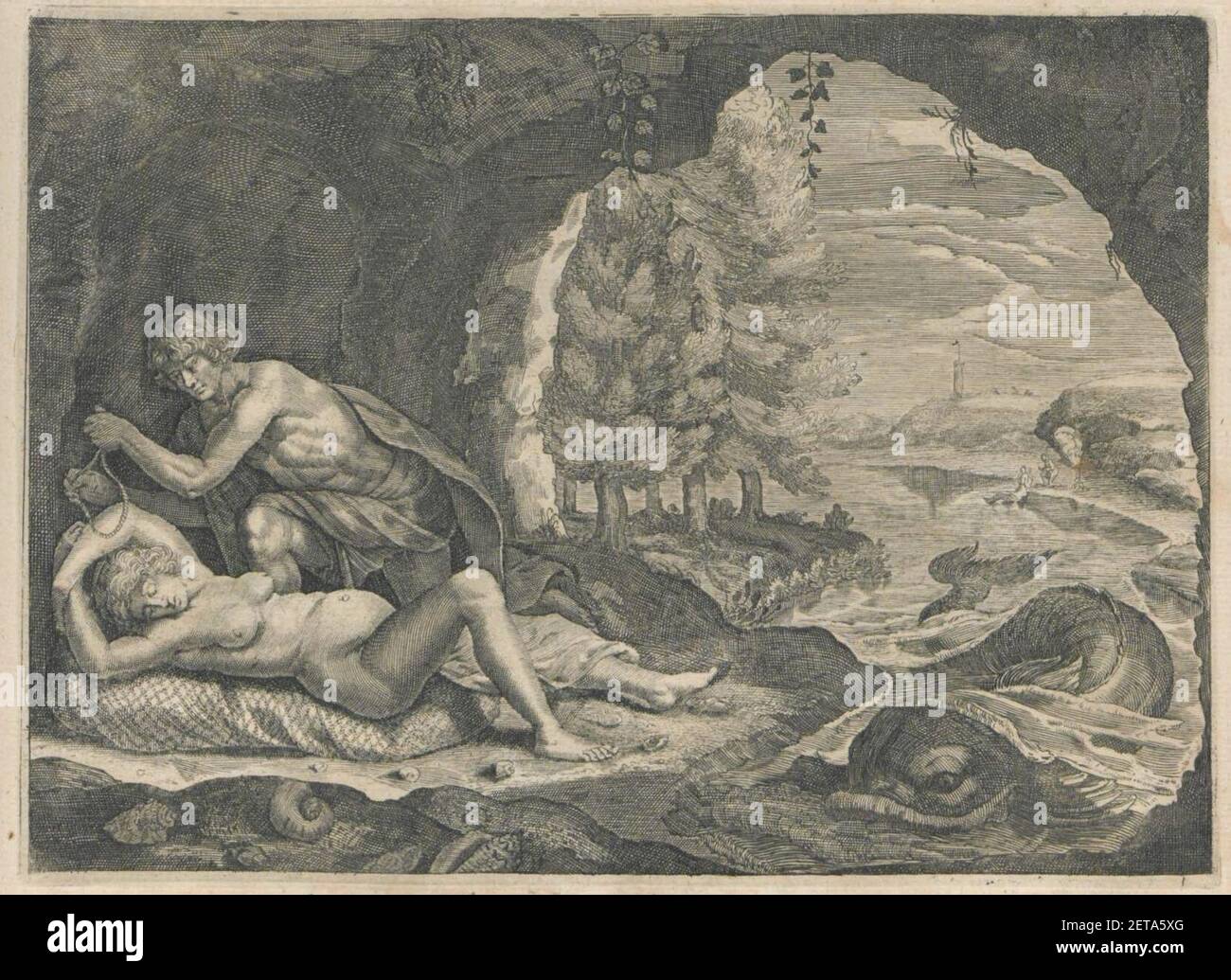 Peleus und Thetis in der Höhle Graving from Les Métamorphoses d'Ovide, F. Foppens, Bruxelles 1677. Stockfoto