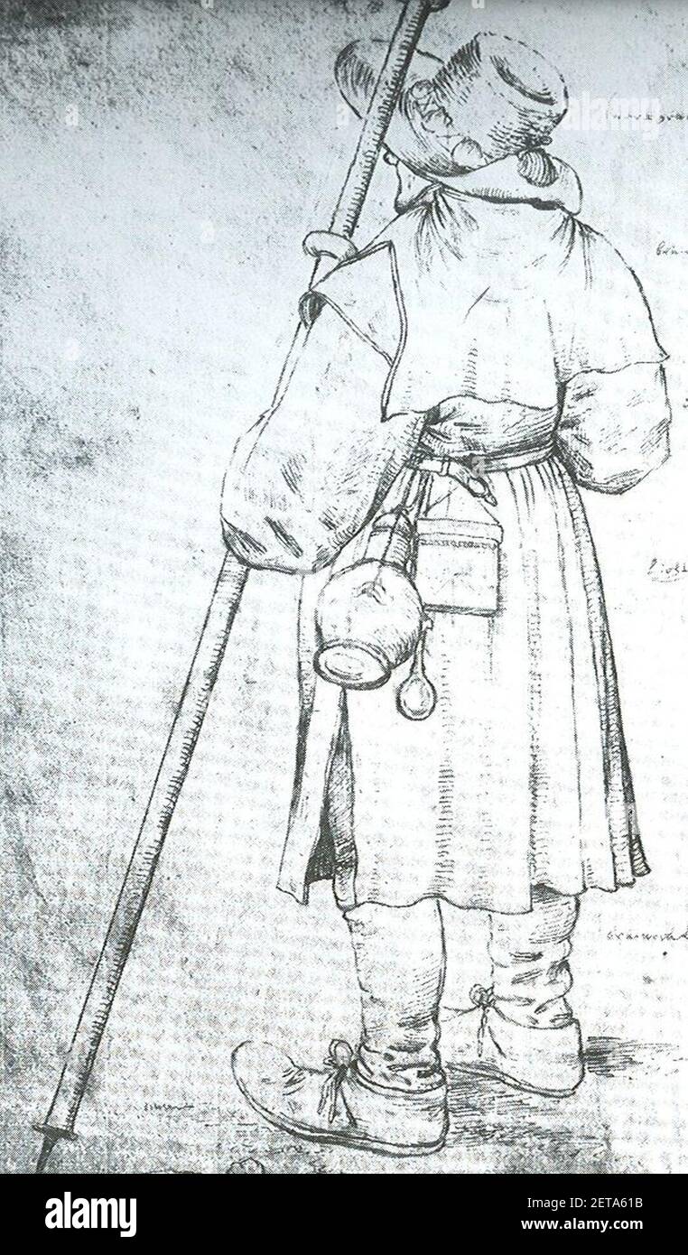 Pelgrim met lepel , tekening van Pieter Breughel D.O. 1525 - 1569. Stockfoto