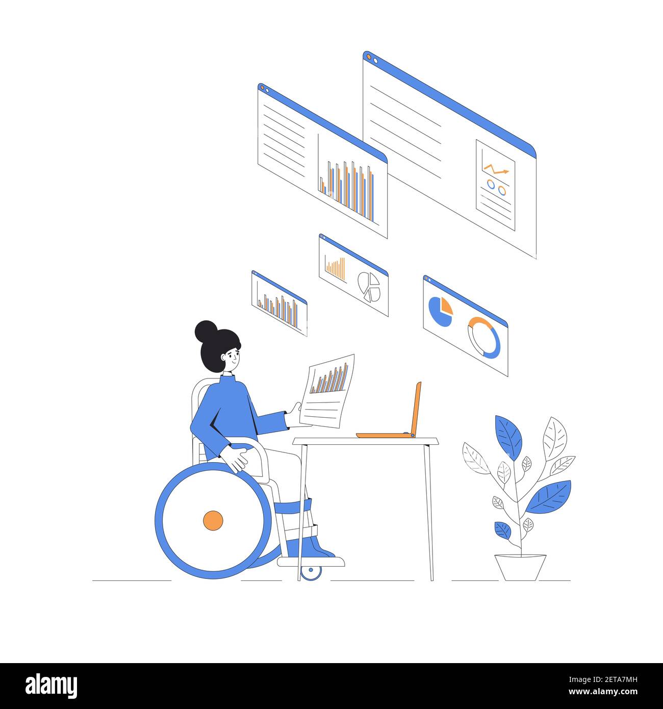 Data Scientist. Business Analyst Konzept. Frau im Rollstuhl arbeitet mit Schemata und Diagrammen. Finanzforscherinnen. Vektorfarbe Linie Art i Stock Vektor