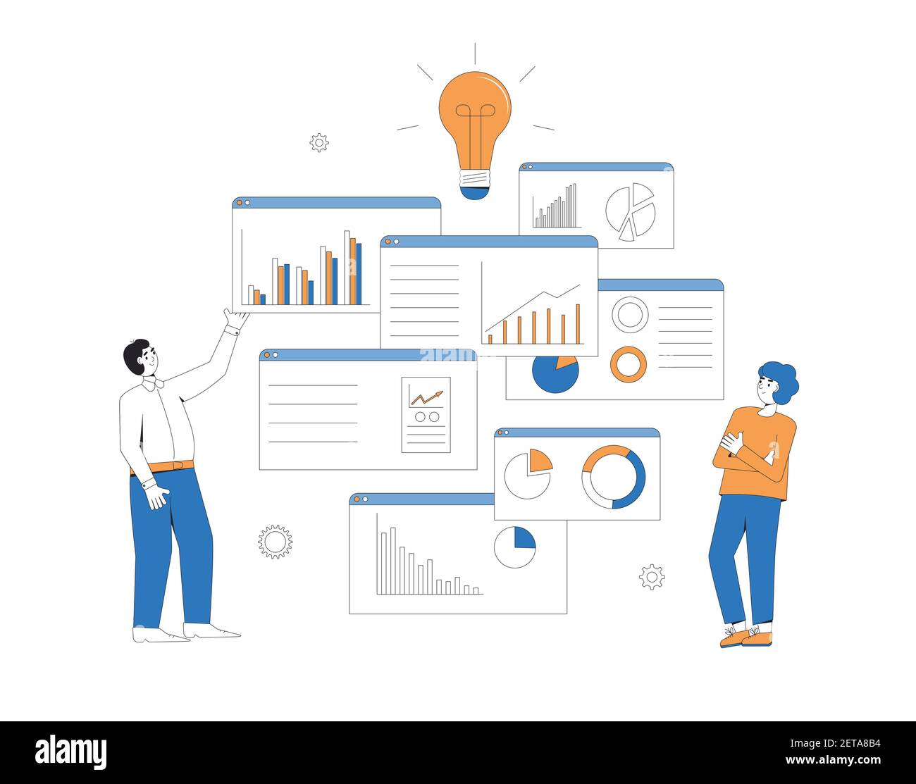 Business-Analyse-Konzept. Manager mit Schemata und Diagrammen. Finanzforscher. Vektorfarbe Linie Kunst Illustration. Stock Vektor