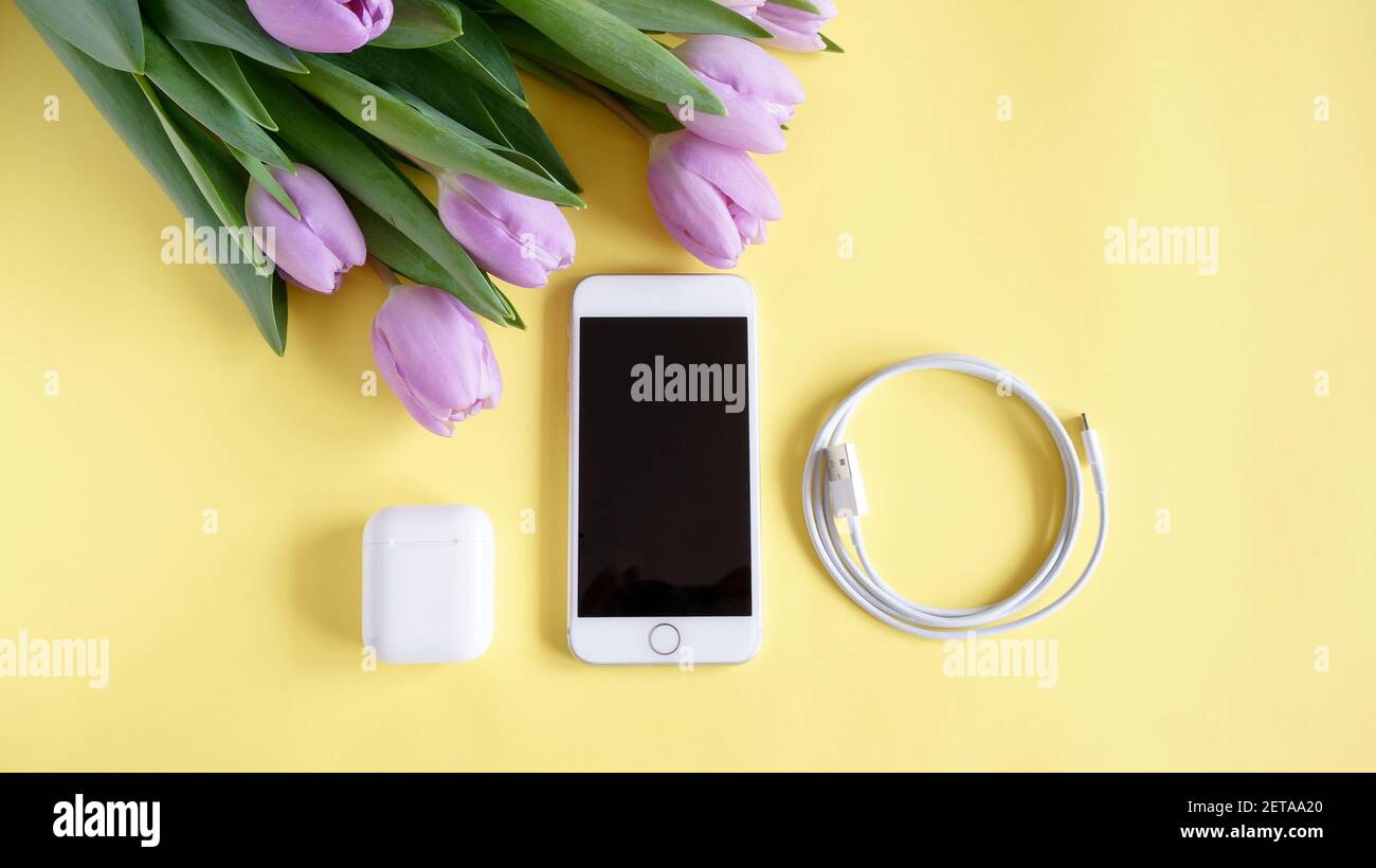 Alicante, Spanien - Februar, 2021: Weißes Gehäuse iPhone, iPods und Ladegerät auf gelbem Hintergrund, lila Tulpen Bouquet Stockfoto