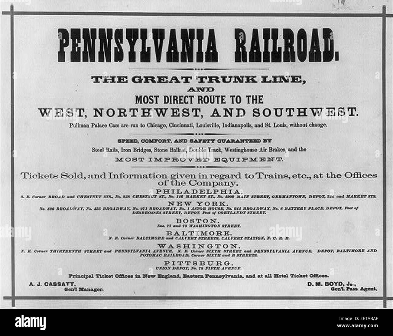 Pennsylvania Railroad Werbematerial-allgemeine Anzeige. Listing-Dienstleistungen, Ticket-Büros und Depots Stockfoto