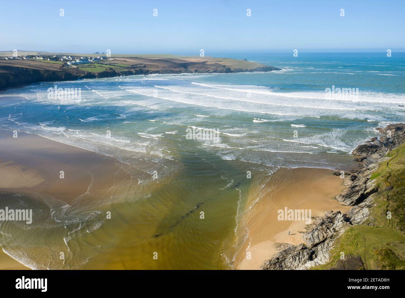 Luftaufnahme von Crantock Beach bei Newquay, Cornwall Stockfoto