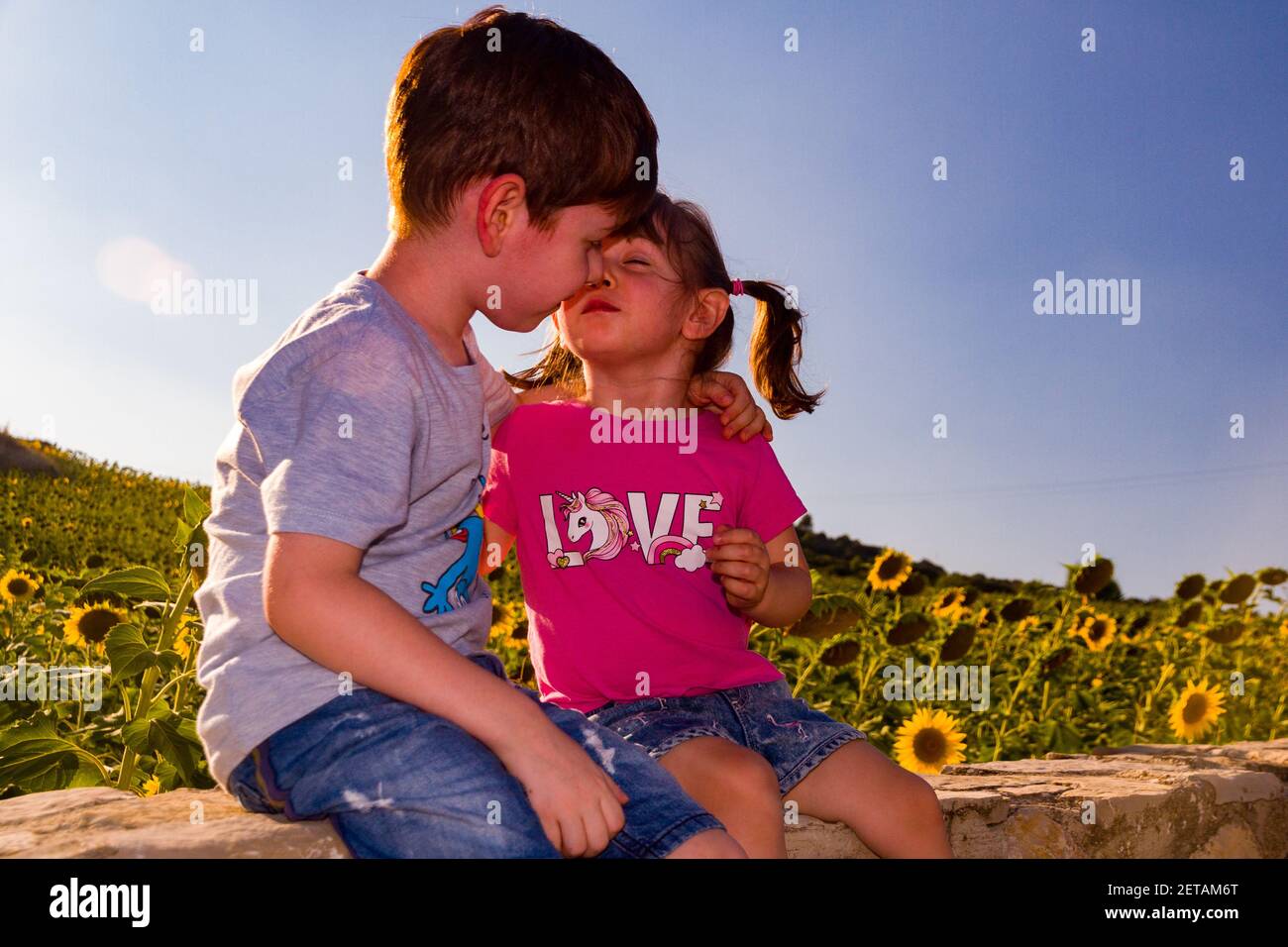 Ein süßer Junge und ein Mädchen, das sich vor dem Hotel küsst Von einem Sonnenblumenfeld an einem sonnigen Tag Stockfoto