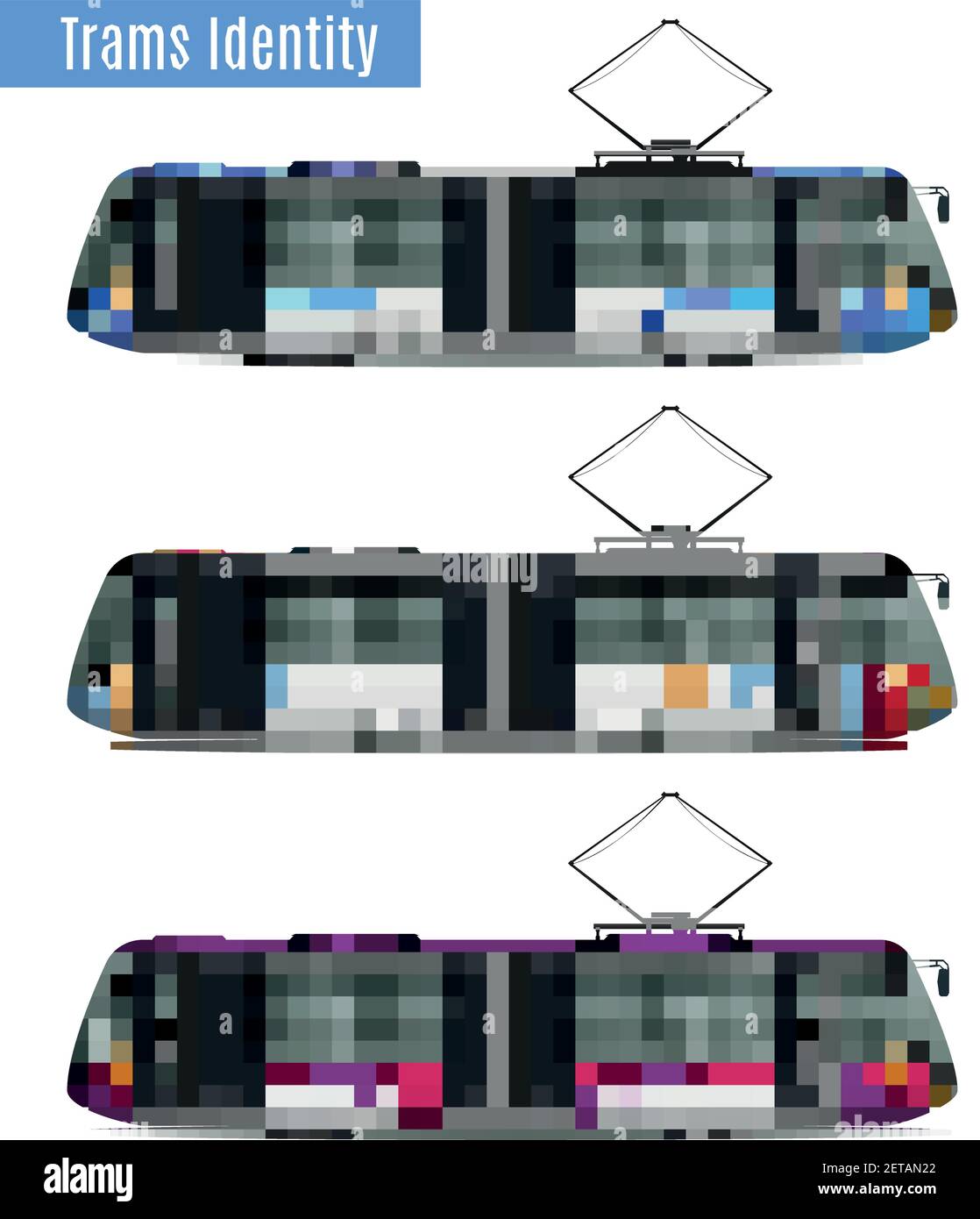 Personenbahn Zug realistische Mockup Satz von drei ähnlichen Straßenbahn Autos mit verschiedenen Lackierung Färbung Muster Vektor-Illustration Stock Vektor