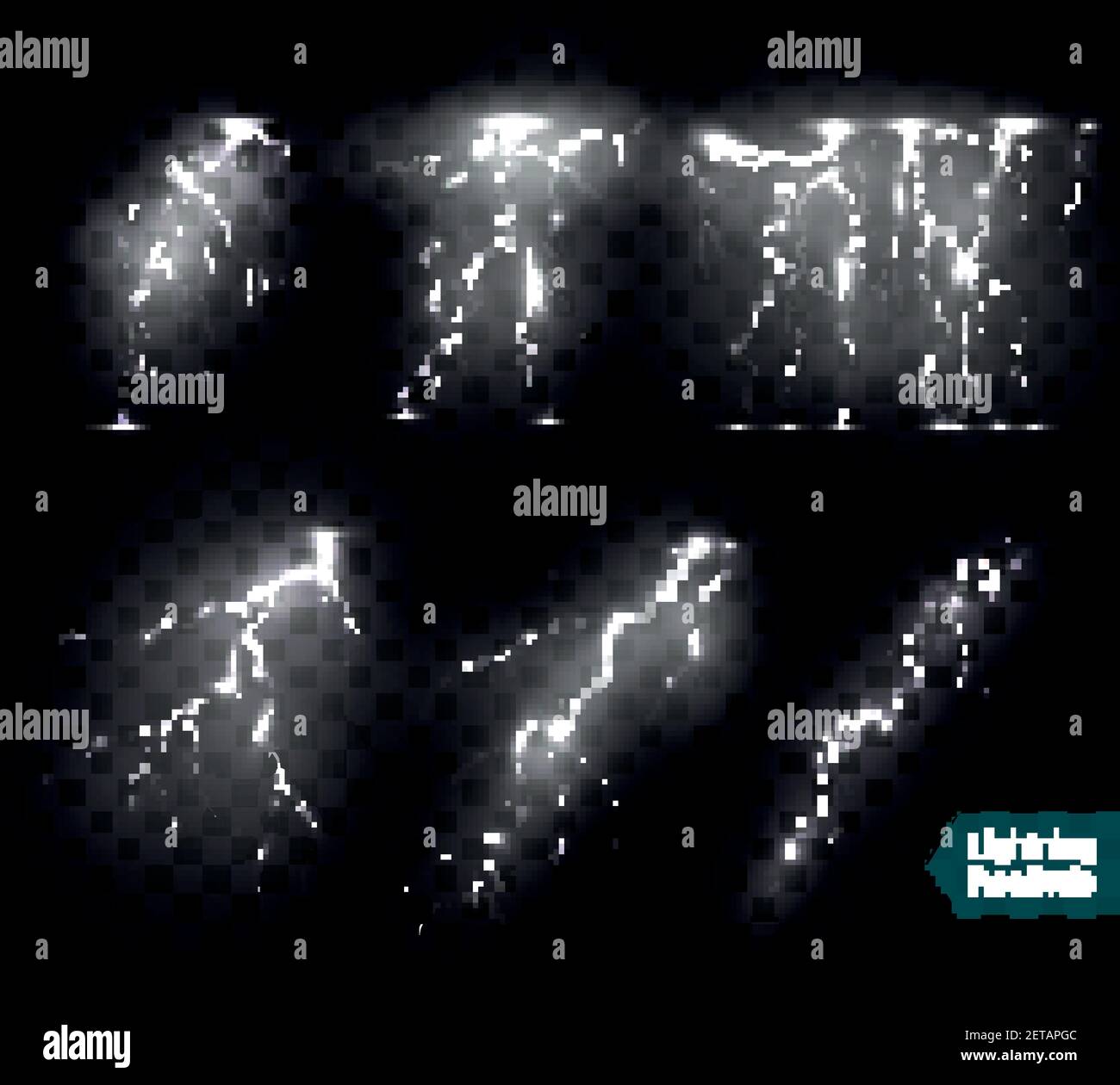 Realistische Blitz Blitze weiß Bilder Sammlung von isolierten monochromatischen Thunderbolts auf transparentem Hintergrund mit Textvektor illustrati Stock Vektor