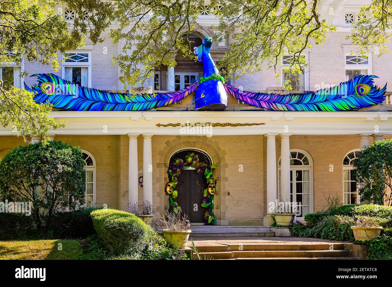 Das Burgess-Maschmeyer Mansion ist mit einem Pfau für Mardi Gras in der Government Street, 19. Februar 2021, in Mobile, Alabama, dekoriert. Stockfoto