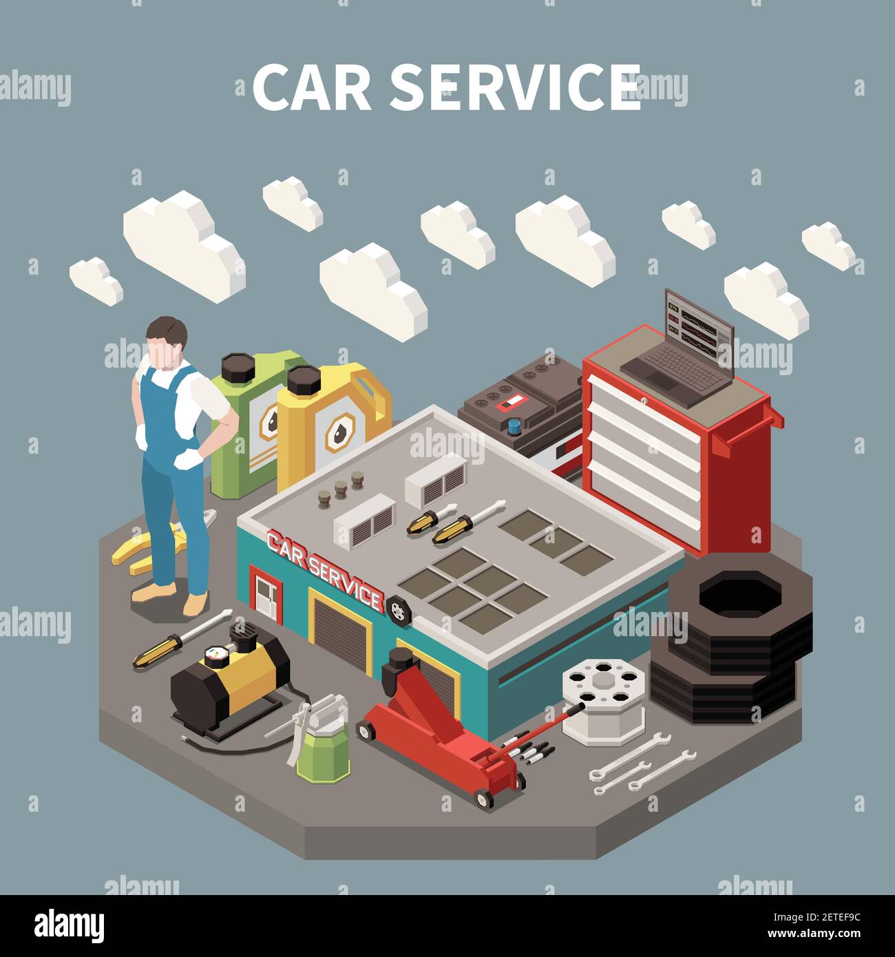 Farbige isometrische Car Service Zusammensetzung mit Arbeiter Mann an der Vektor-Illustration für Arbeits- und Ausrüstungswerkzeuge Stock Vektor