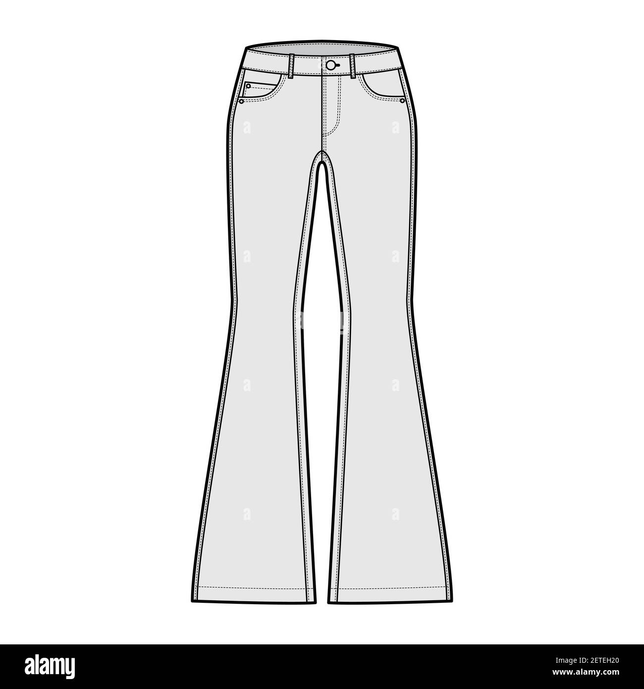 Jeans ausgestellter Boden Denim Hose technische Mode Illustration mit voller Länge, niedrige Taille, Bund, 5 Taschen, Nieten. Flatbottom Bekleidungsvorlage vorne, grau Farbe Stil. Frauen, Männer, Unisex CAD Mockup Stock Vektor