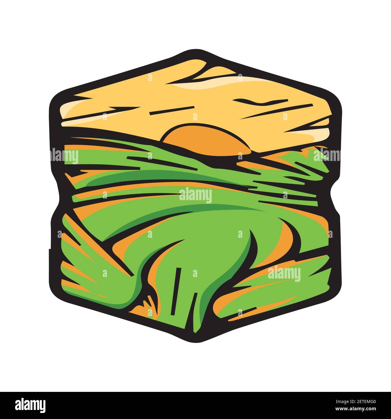 Lake Sunset Sticker Vektor. Sonnenuntergang Ansicht mit Haus und Berg Illustration, Sonnenuntergang Aufkleber Vektor. Stock Vektor