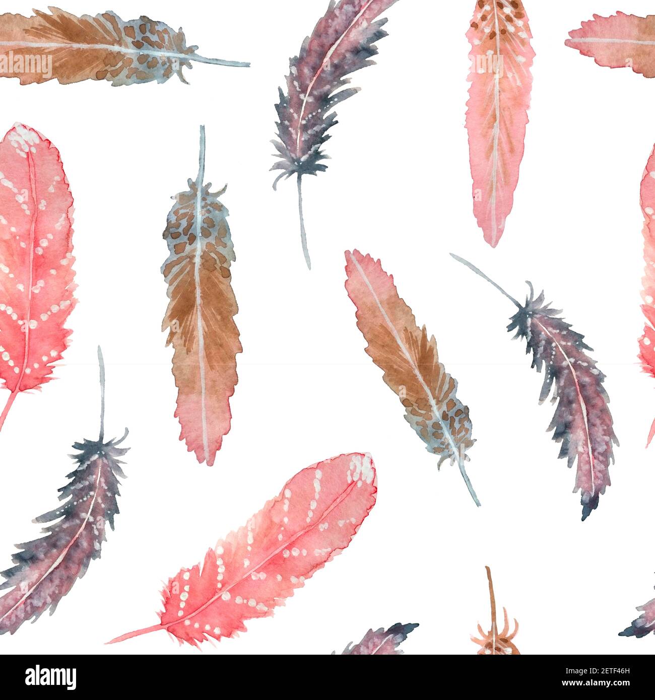 Aquarell-Nahtloses Muster mit rosa und braunen Boho-Bohemian-Federn. Tribal Tribe traditionelles Design. Neutral elegante Farben für grafische Dekor Tapeten Geschenkpapier Textil Stockfoto