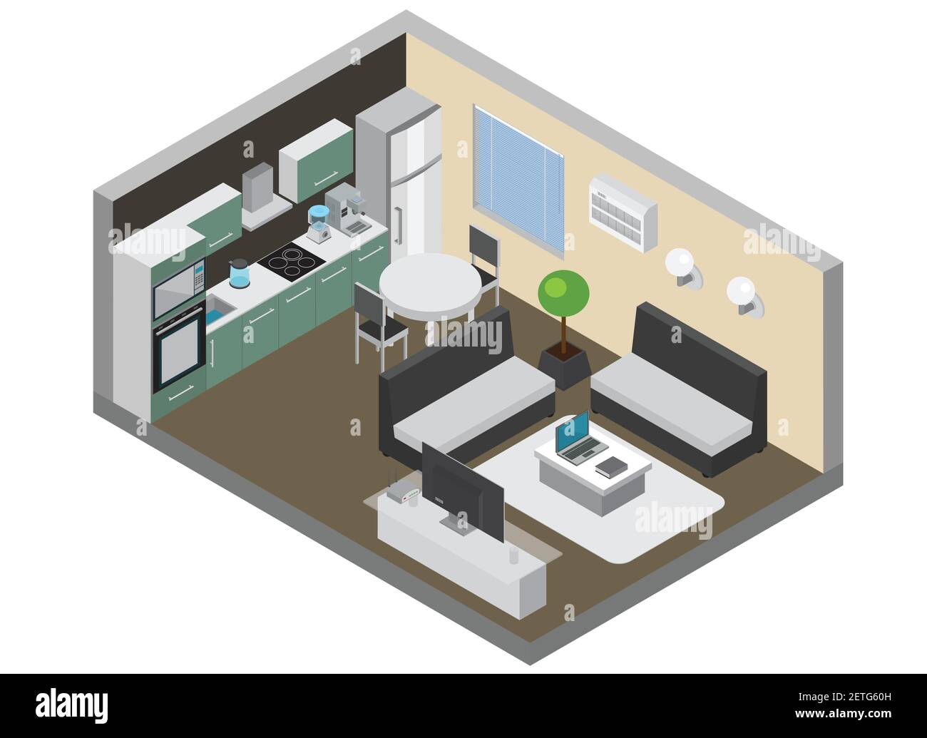 Home Interieur mit Unterhaltungselektronik so wie Küchengeräte Wireless pc und tv-Geräte Anlage und Kühlschrank isometrische Vektor-Illustration Stock Vektor