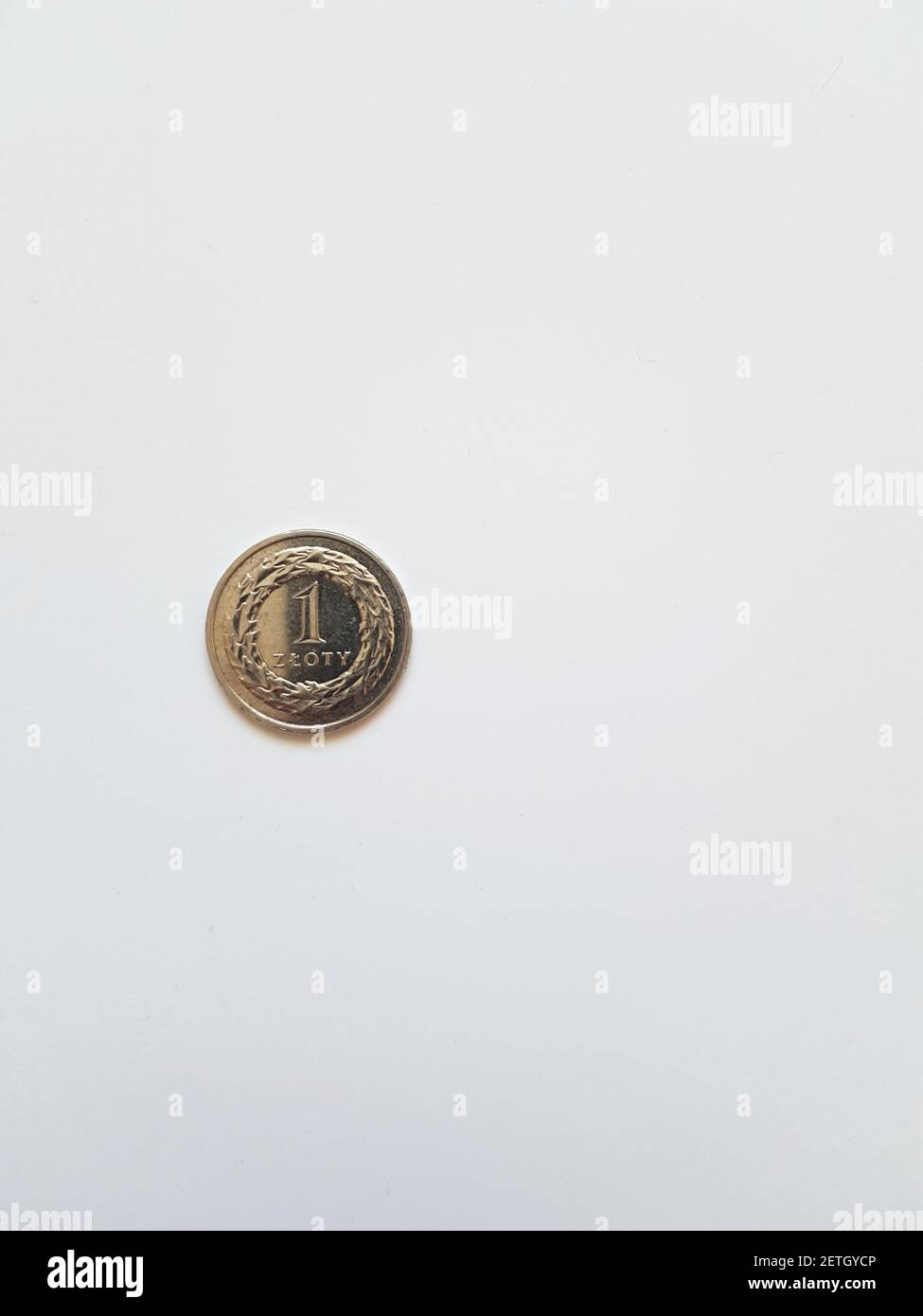 Münzen, Geld, Zloty auf Weiß. Hintergrund mit Copyspace Stockfoto