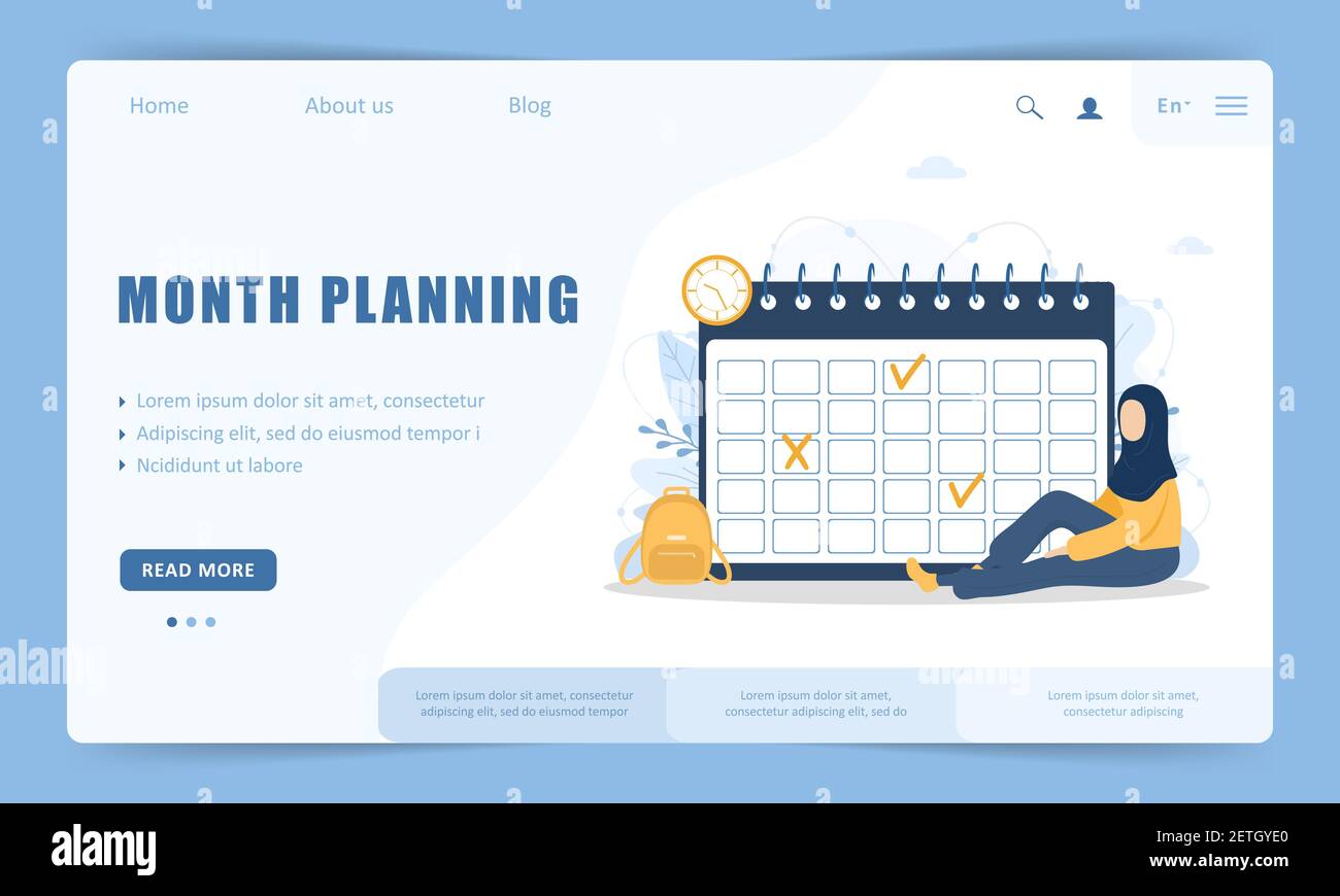 Monatsplanung oder To-Do-Listenkonzept. Vorlage für die Landing Page der Website. Islamische Frau, die in der Nähe des riesigen Kalenders sitzt. Aufgabenplanung, Arbeitsprozess Stock Vektor