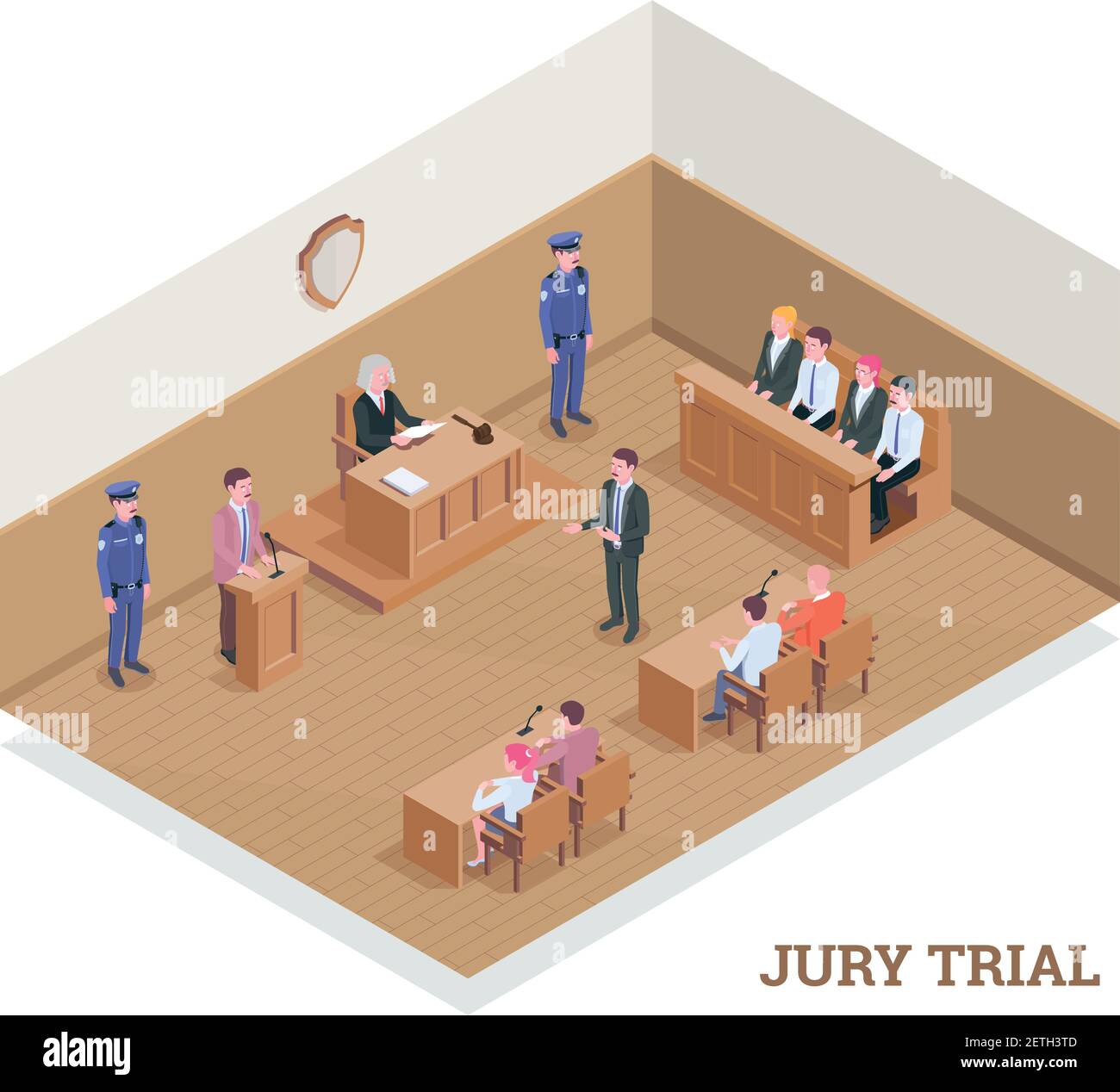 Law Justice isometrische Zusammensetzung mit Text und Blick auf das Gericht Raum während der Sitzung mit menschlichen Zeichen Vektor-Illustration Stock Vektor
