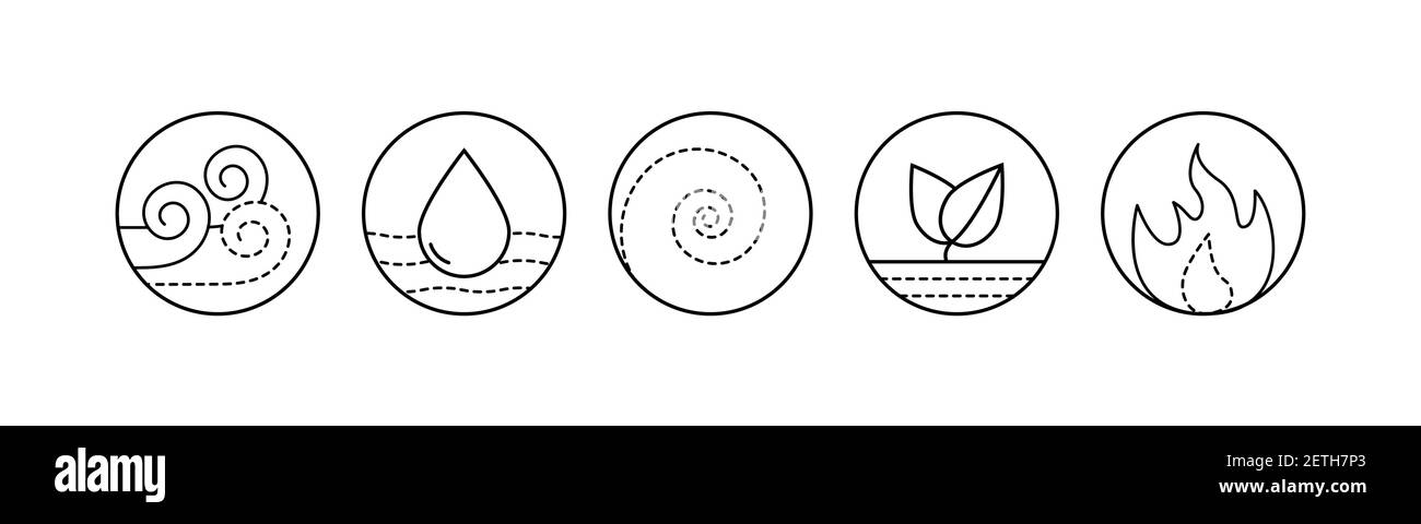 Fünf Elemente des Ayurveda Vektor Umriss Illustration. Kreis-Symbol für entweder Wasser Wind Eath und Feuer Symbole Stock Vektor