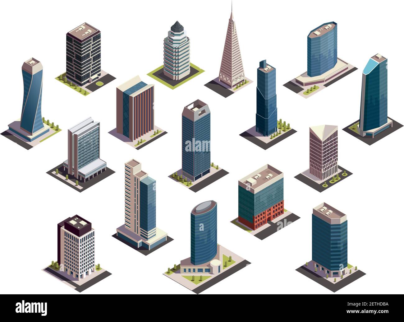 Stadt Wolkenkratzer isometrische Reihe von isolierten Bildern mit Outdoor-Looks Von modernen Gebäuden auf leeren Hintergrund Vektor-Illustration Stock Vektor