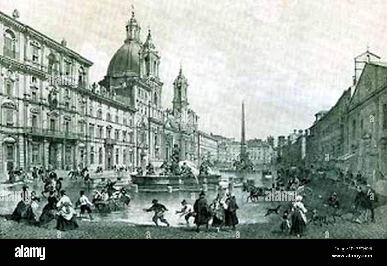 Piazza Navona allagata l'ultima volta (litografia1870. Stockfoto