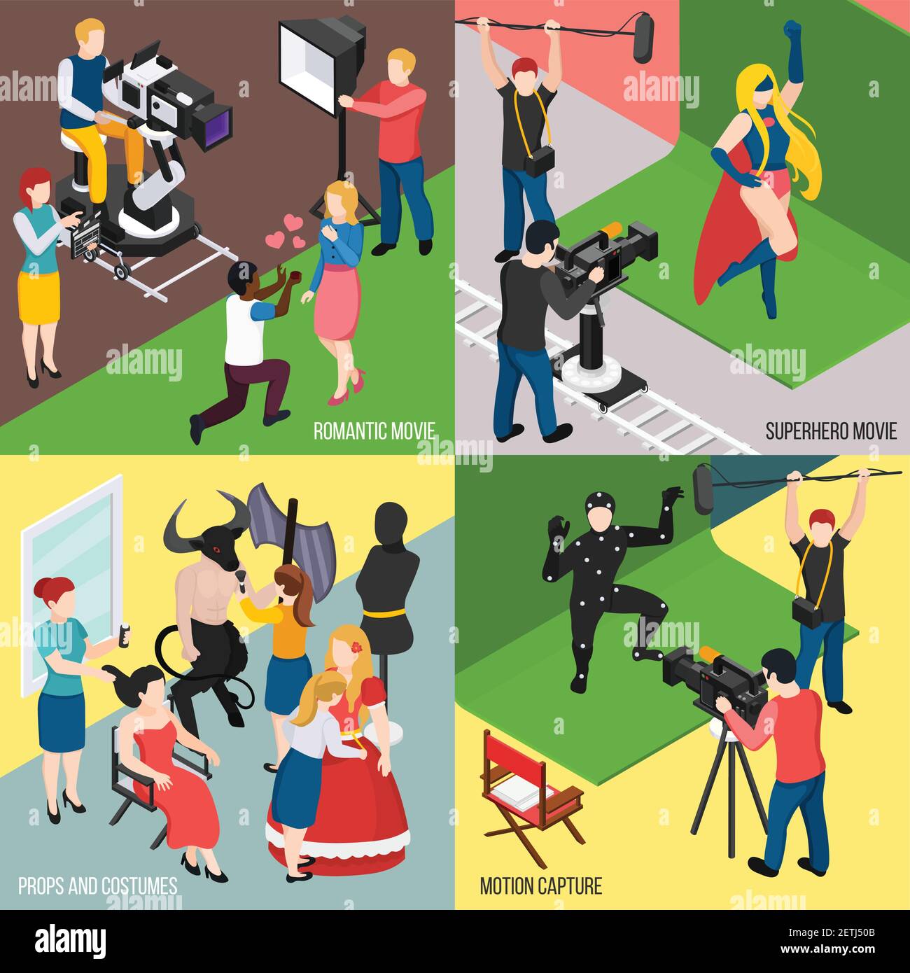 Super Held und romantische Filme Motion Capture Kino Requisiten und Kostüme isometrische Design Konzept isoliert Vektor Illustration Stock Vektor