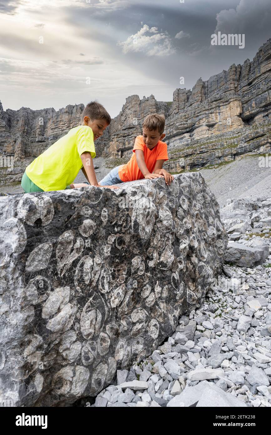 Zwei kleine Jungen, die die Felsen mit Fossilien erkunden, bei Orti della Regina, Brenta Dolomites, Madonna di Campiglio, Trentino, Italien Stockfoto