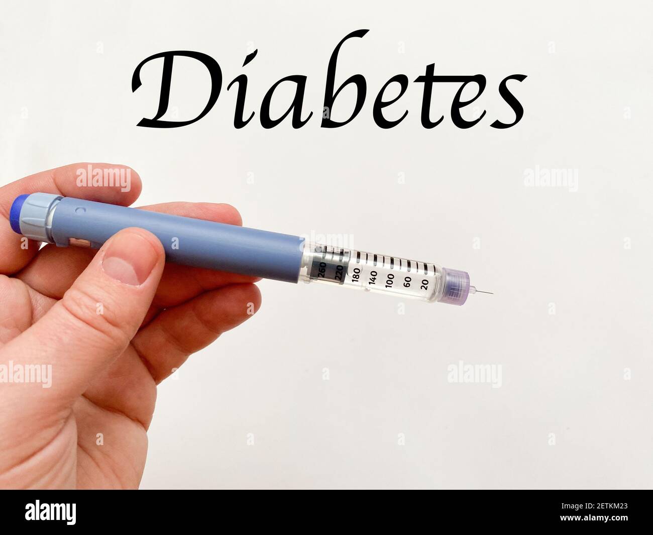 Insulinspritze-Stift in der Hand auf weißem, isoliertem Hintergrund. Insulin für Diabetiker Stockfoto