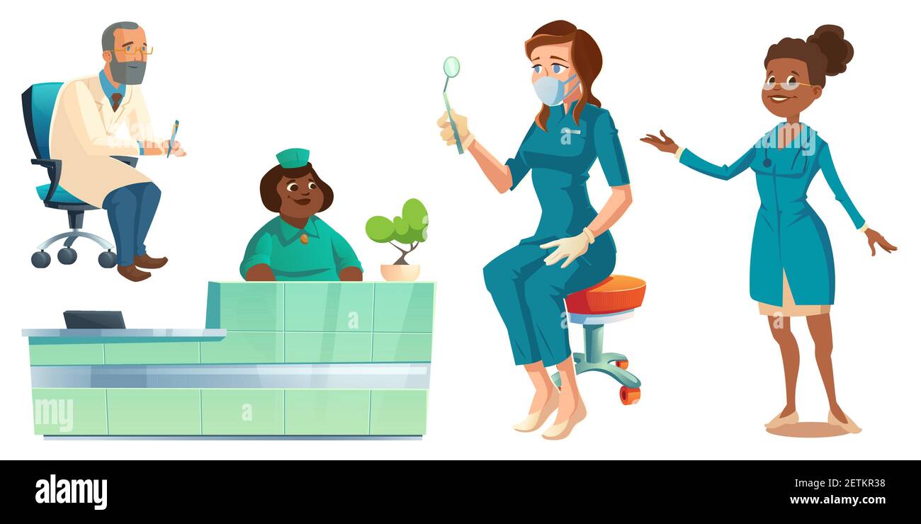 Krankenhauspersonal, Ärzte, Krankenschwestern und Rezeptionisten in medizinischen Roben mit medizinischen Sachen. Klinikpersonal, Beruf Medizin. Cartoon Menschen Vektor Illustration Stock Vektor