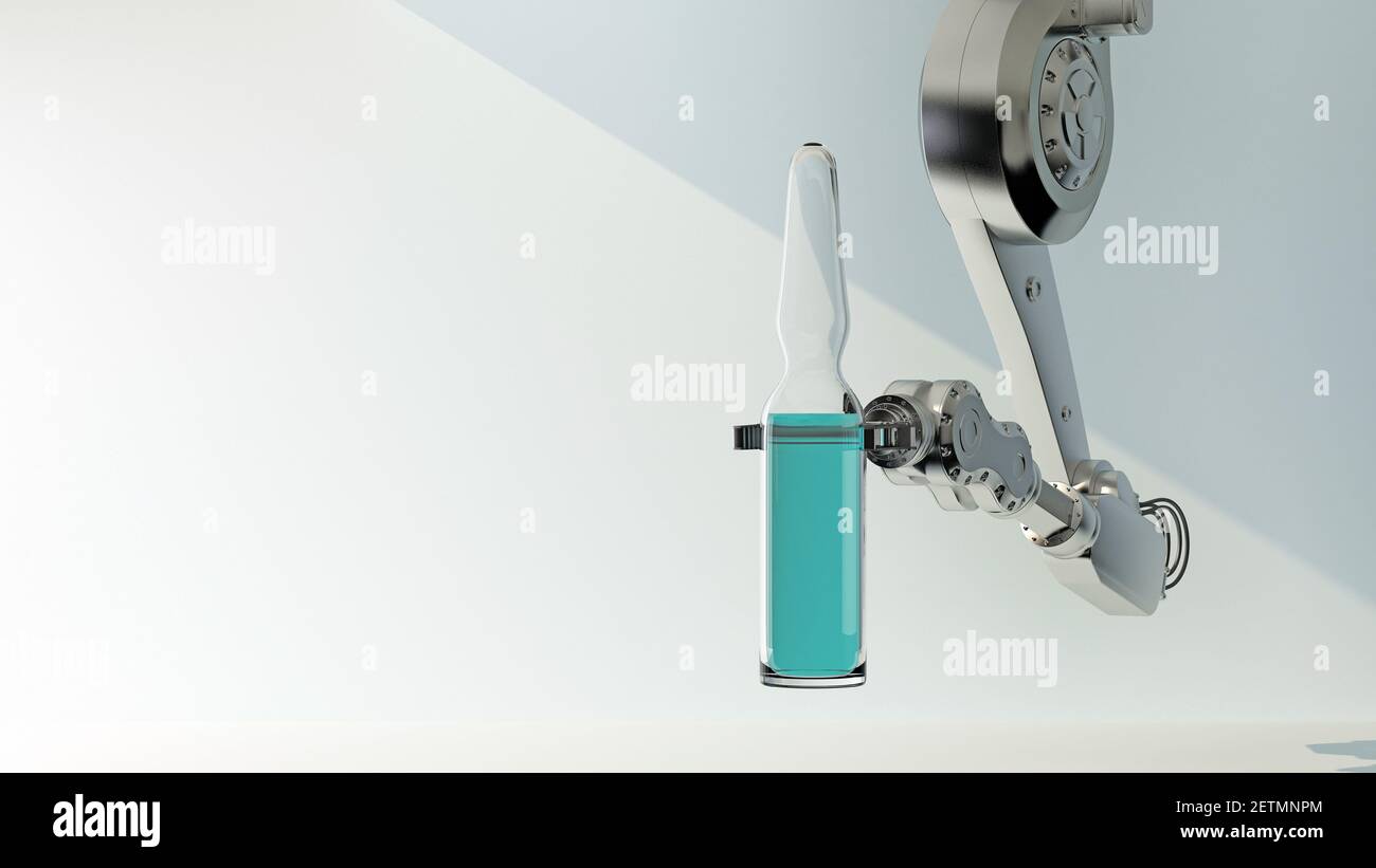 Roboterhand mit einer medizinischen Ampulle. 3D Rendern Stockfoto