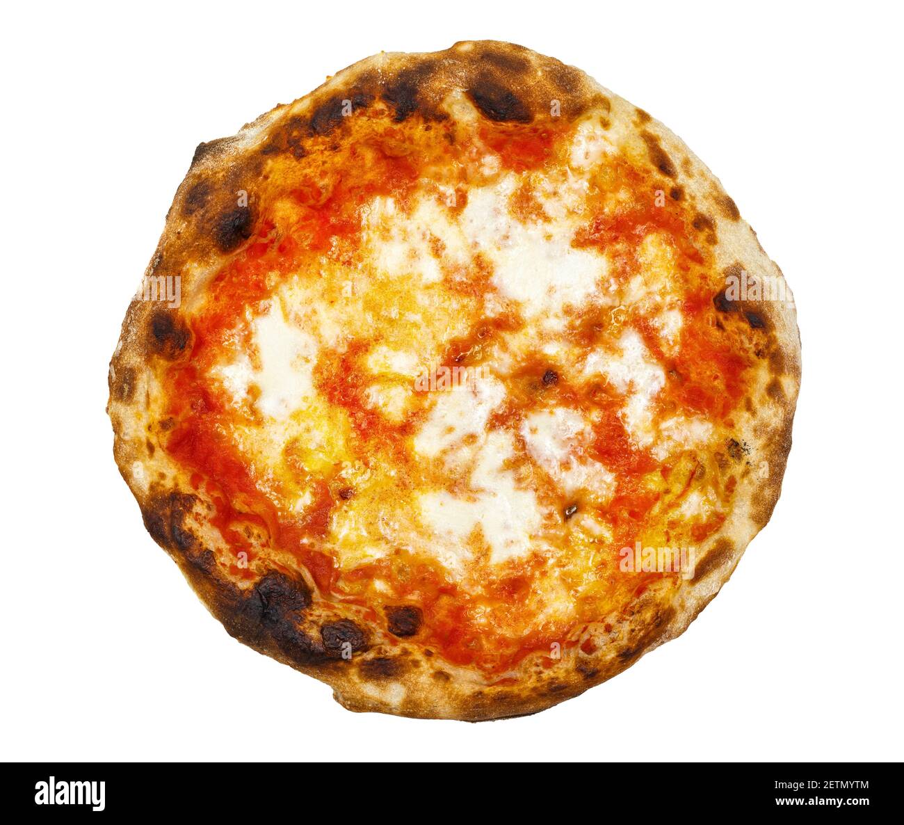 Italienische neapolitanische Pizza Margherita Tomate und Mozzarella Käse isoliert auf Weißer Hintergrund Stockfoto