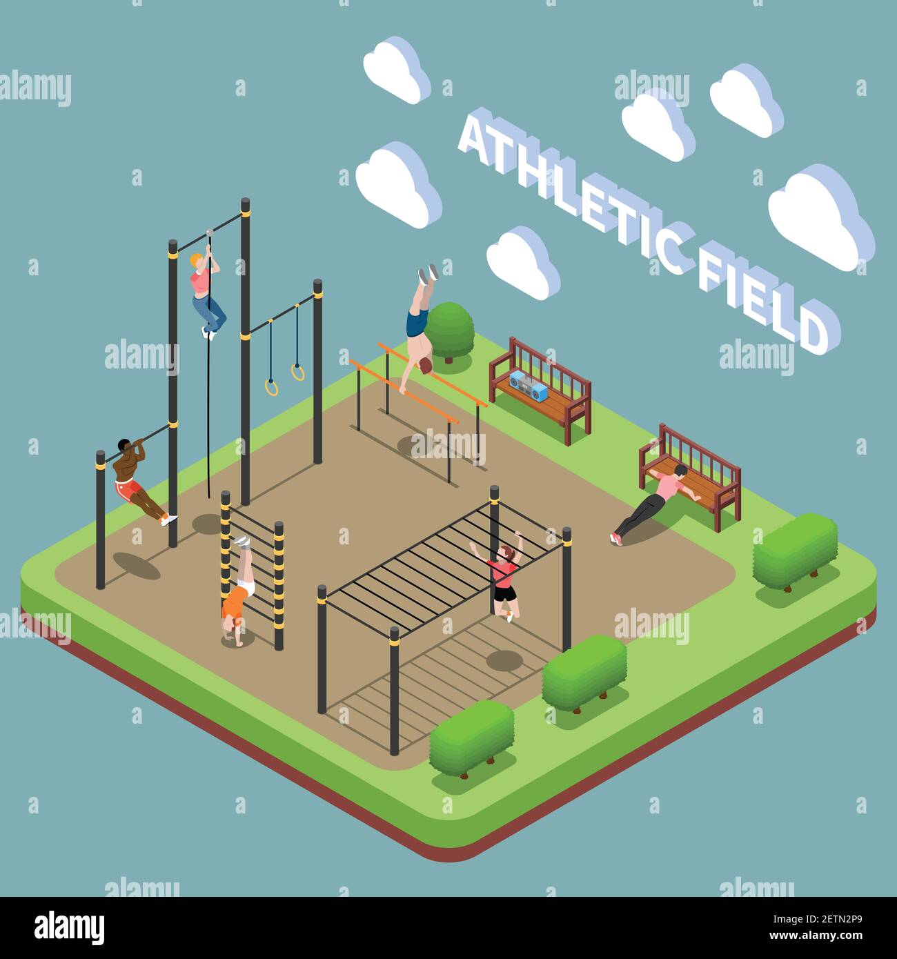 Menschliche Charaktere beim Training auf dem Sportplatz mit Sportanlagen Isometrische Komposition auf türkisfarbener Vektorgrafik Stock Vektor