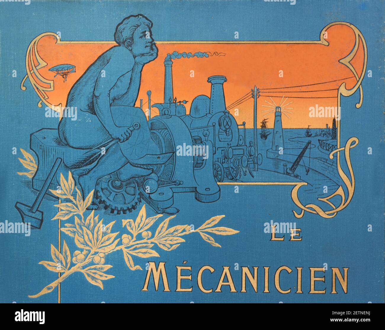 Detail des Jugendstils oder Art Deco Buchcover Le Mechanicien Moderne mit Industrielandschaft, Maschinen, Technologie & pensive Mechanik c1920 Stockfoto